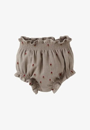 Bež bombažne hlačke za dojenčke z elastičnim nabranskim pasom in odprtinami za noge, okrašene z majhnimi vezenimi rdečimi vrtnicami.