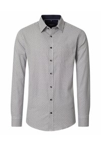 Koszula z długim rękawem o wzorzystym deseniu w kolorach białym, granatowym i czerwonym. Posiada zapięcie na guziki z przodu oraz kontrastujący granatowy kołnierzyk. Wykonana z bawełny.