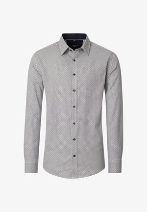 Koszula z długim rękawem o wzorzystym deseniu w kolorach białym, granatowym i czerwonym. Posiada zapięcie na guziki z przodu oraz kontrastujący granatowy kołnierzyk. Wykonana z bawełny.