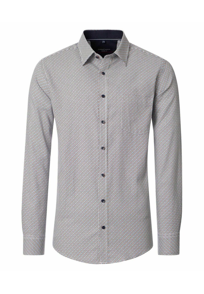 Koszula z długim rękawem o wzorzystym deseniu w kolorach białym, granatowym i czerwonym. Posiada zapięcie na guziki z przodu oraz kontrastujący granatowy kołnierzyk. Wykonana z bawełny.