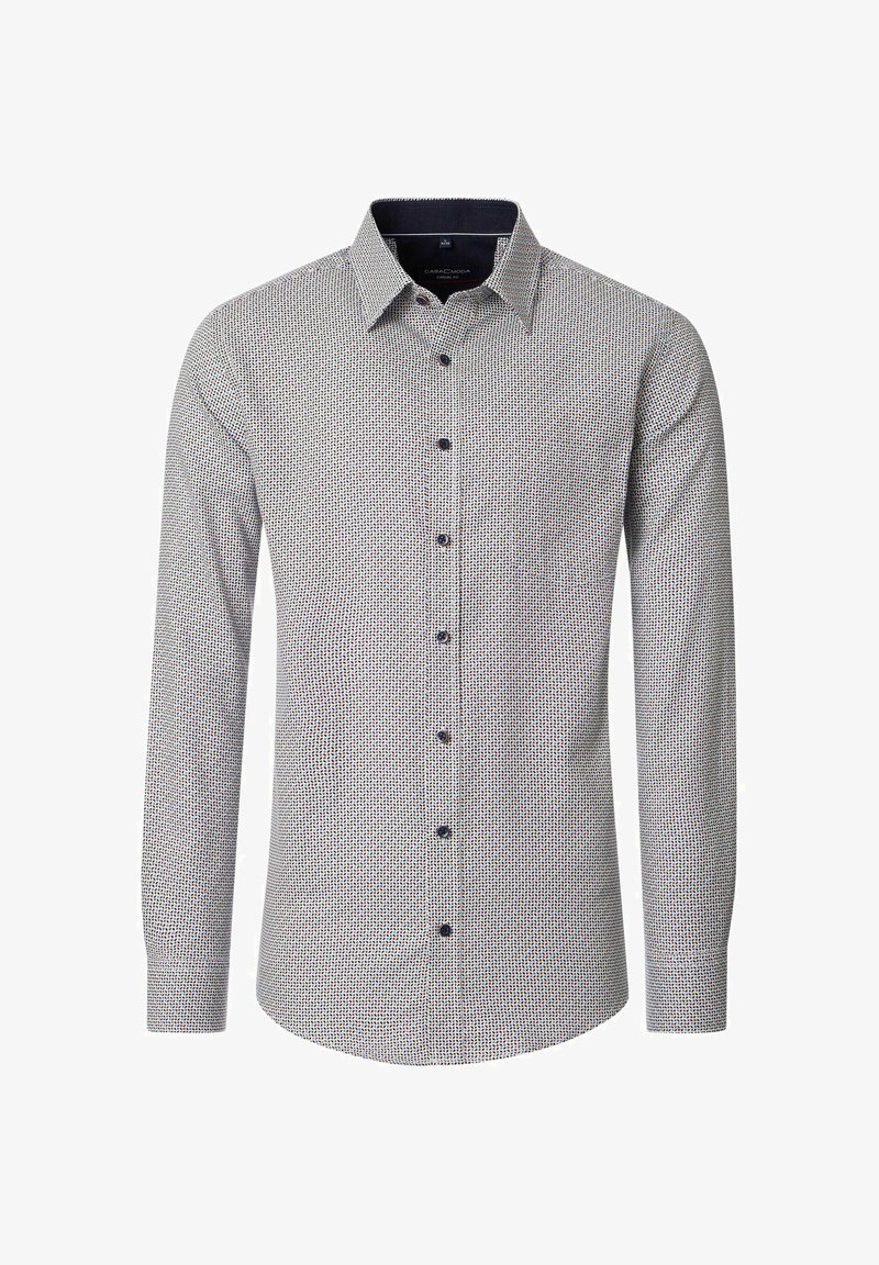 Koszula z długim rękawem o wzorzystym deseniu w kolorach białym, granatowym i czerwonym. Posiada zapięcie na guziki z przodu oraz kontrastujący granatowy kołnierzyk. Wykonana z bawełny.