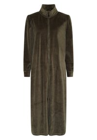 Olivově zelené, dlouhé rukávy, šaty na zip vyrobené z měkké velurové látky s vysokým límcem a uvolněným střihem, sahající až po polovinu lýtek.