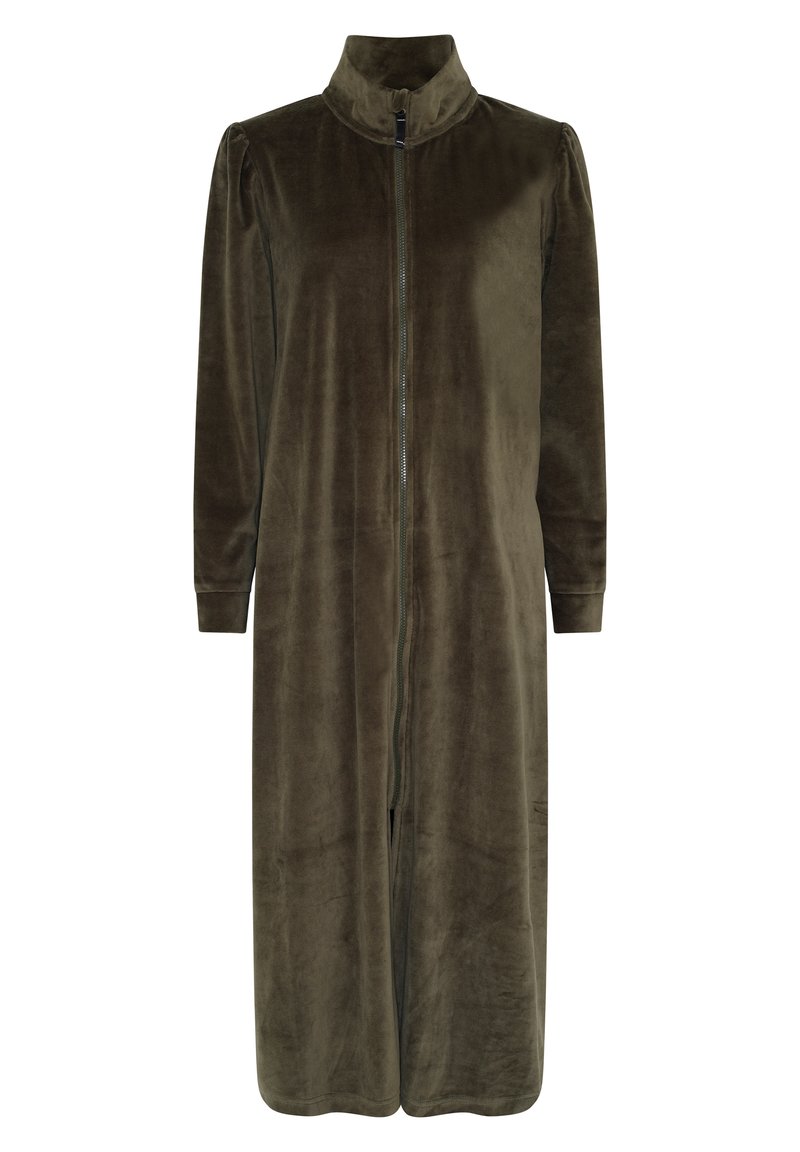 Olivově zelené, dlouhé rukávy, šaty na zip vyrobené z měkké velurové látky s vysokým límcem a uvolněným střihem, sahající až po polovinu lýtek.