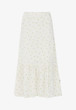 Biele sukňa z látky s zeleným kvetinovým vzorom, s rozšíreným strihom a volánovým lemom. Textúrovaná pruhmi pre pridanie detailov.