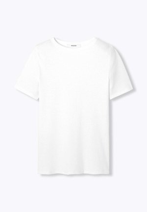 T-shirt blanc uni à manches courtes avec un col rond, étalé à plat sur un fond clair.