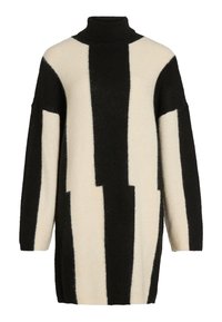 Pull à col roulé noir et crème avec une texture tricotée épaisse et un motif rayé vertical audacieux. Coupe décontractée avec épaules tombantes.