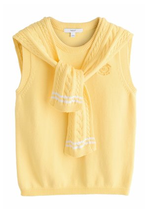 Maglione giallo senza maniche in maglia con sciarpa a treccia abbinata drappeggiata sulle spalle, con un delicato dettaglio ricamato sul petto.
