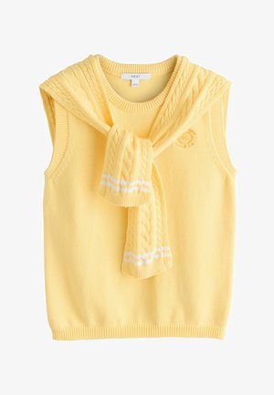 Maglione giallo senza maniche in maglia con sciarpa a treccia abbinata drappeggiata sulle spalle, con un delicato dettaglio ricamato sul petto.