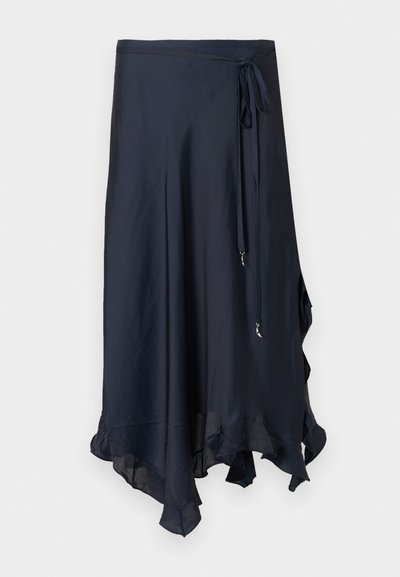 Φούστα τύπου κρουαζέ σε μπλε ναυτικό χρώμα, μήκους μέχρι το γόνατο, κατασκευασμένη από λείο ύφασμα, με ζώνη στη μέση, βολάν στο τελείωμα και ασύμμετρο σχήμα.