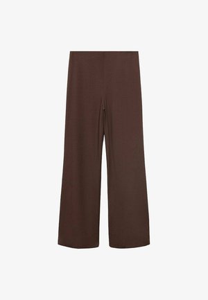 Smeđe široke hlače napravljene od mekog materijala s glatkom teksturom. Dizajn uključuje visok struk i bez vidljivih zatvarača.