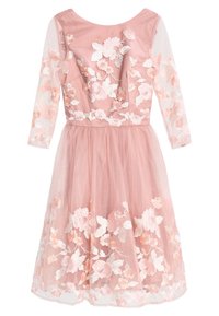 Růžové šaty s tříčtvrtečními průhlednými rukávy, květinovou výšivkou v bílé a jemně růžové barvě, tylovou sukni a přiléhajícím živůtkem.