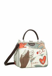 Sac à main structuré en cuir à motifs, présentant un mélange de couleurs pastel, une poignée supérieure et une bandoulière amovible.