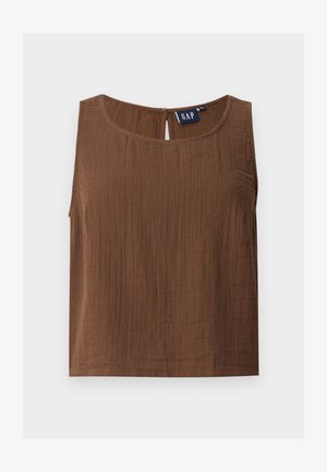 Hnedý top bez rukávov s textúrovanou tkaninou, okrúhlym výstrihom a malým gombíkovým zapínaním na chrbte, s vnútornou značkovou etikou GAP.