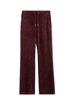 Bordeaux fleece trainingsbroek met een ontspannen pasvorm, elastische tailleband, verstelbare trekkoord en twee zijzakken. Soepele textuur.