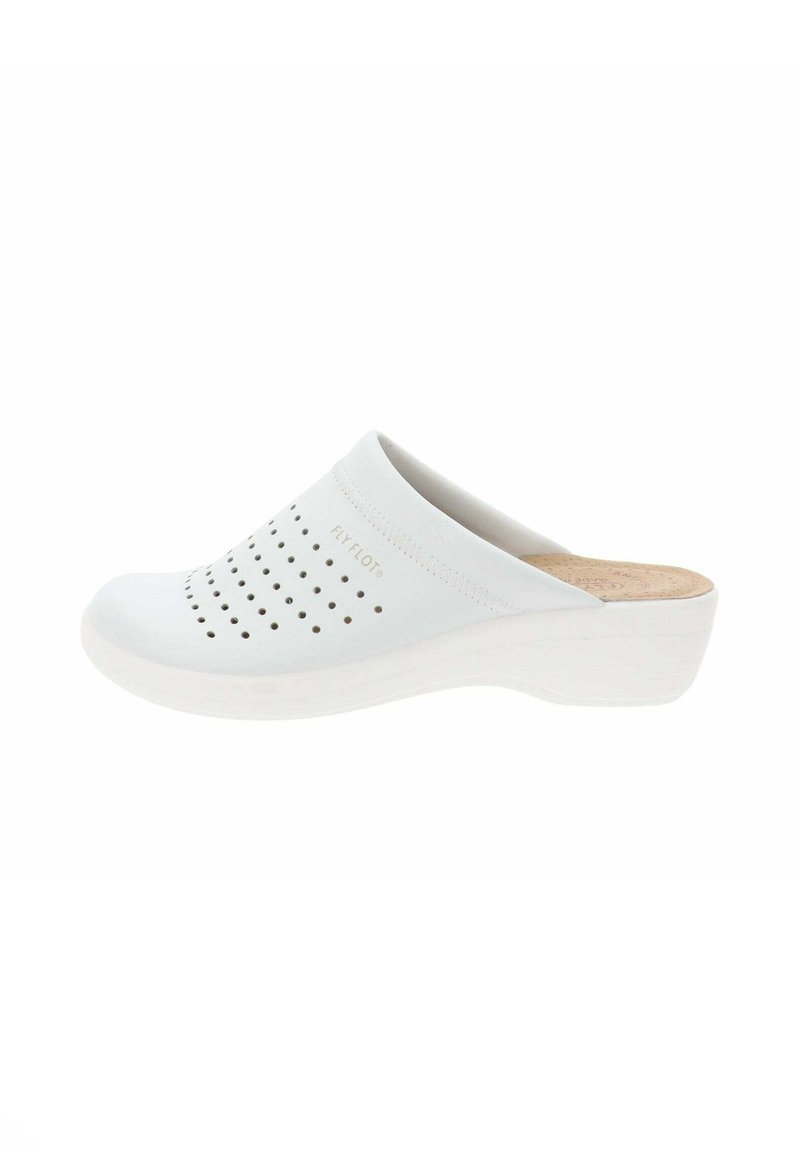 Zuecos blancos de tipo slip-on con diseño perforado y plantilla de corcho. Bordes suaves y curvados, y suela blanca ligeramente elevada que proporciona comodidad y soporte.