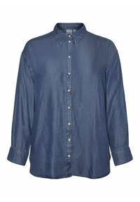 Camisa de denim con un cierre de botones en la parte delantera, cuello de punta, mangas largas y detalles en botones blancos. La tela tiene una apariencia suave y texturizada en azul oscuro.