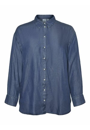 Camisa de denim con un cierre de botones en la parte delantera, cuello de punta, mangas largas y detalles en botones blancos. La tela tiene una apariencia suave y texturizada en azul oscuro.