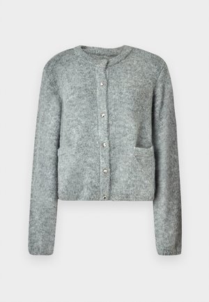Light grey knitted cardigan with a round neckline, button front, long sleeves, and two front pockets. Soft texture and subtle pattern.