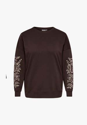 Sudadera marrón oscuro con patrones de enredaderas florales claras en ambas mangas, cuello redondo y puños y dobladillo acanalados.