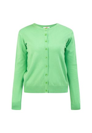 Žalias megztas kardiganas su apvalia iškirpte, priekiniais mygtukais, ilgomis rankovėmis ir guma baigtomis rankovėmis. Lygus paviršius su vientisos spalvos apdaila.