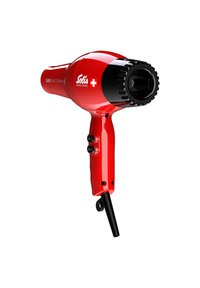 Asciugacapelli professionale rosso con finitura lucida, bocchetta nera, due pulsanti di controllo e logo della croce svizzera. Design compatto ed ergonomico.