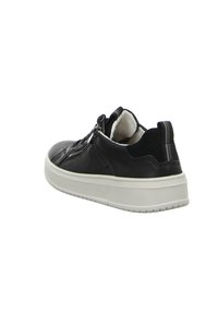 Schwarze Leder- und Wildledersneaker mit strukturierter Oberfläche, weißer Gummisohle, Reißverschlussdetail und gepolstertem Kragen für zusätzlichen Komfort.