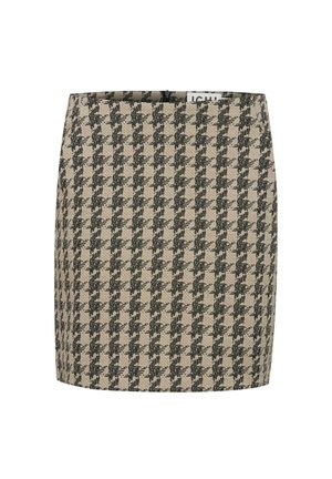 Beige kjol med ett svart houndstooth-mönster. Skräddarsydd design med rak passform och osynlig dragkedja bak. Texturerad tyg.