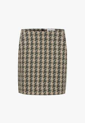 Beige kjol med ett svart houndstooth-mönster. Skräddarsydd design med rak passform och osynlig dragkedja bak. Texturerad tyg.
