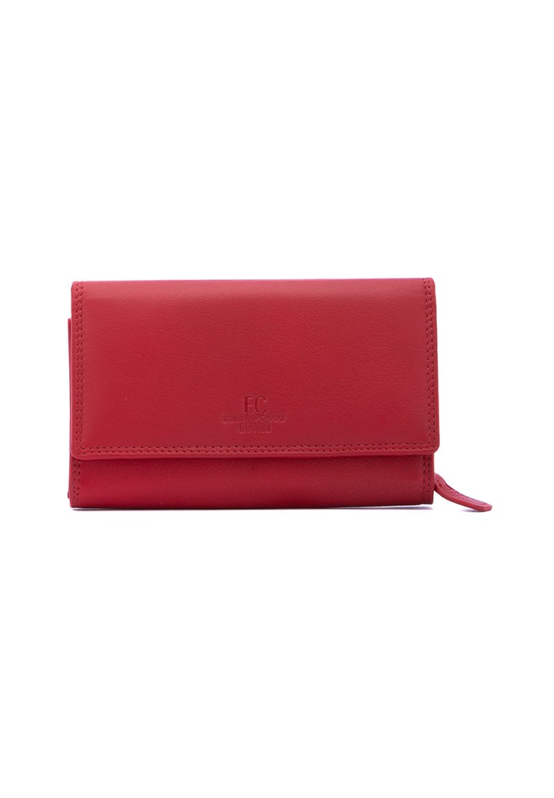 Portefeuille en cuir rouge avec un rabat, présentant des détails de couture et un logo embossé discret à l'avant. Design compact et rectangulaire.