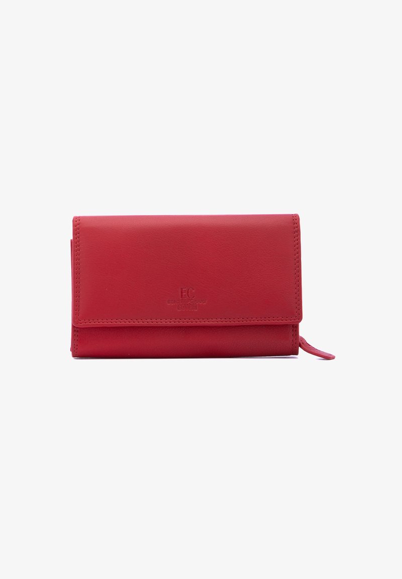 Rood leren portemonnee met een klepsluiting, voorzien van stiksel details en een subtiel reliëflogo aan de voorkant. Compact, rechthoekig ontwerp.