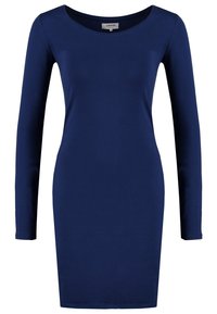 Robe bleu foncé à manches longues, ajustée, avec un col rond et un ourlet atteignant les genoux.