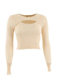 Maglione a coste di un beige chiaro con maniche lunghe, scollatura aperta e una silhouette cropped aderente, caratterizzato da linee verticali testurizzate.