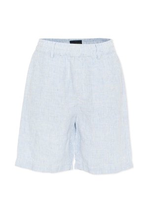 Lichtblauwe en witte casual shorts met verticale strepen, een elastische tailleband en riemlussen, ontworpen voor comfort.