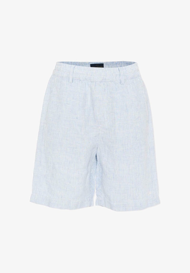 Pantaloncini casual a righe verticali azzurro chiaro e bianco con vita elastica e passanti per cintura, progettati per il comfort.