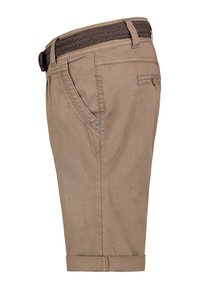 Beige cotton shorts with a woven brown belt, featuring a button closure, side pockets, and cuffed hems for a clean finish.