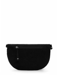 Borsa a tracolla in suede nera con forma arrotondata, dotata di una tasca con zip sulla parte anteriore e una tracolla regolabile per versatilità.