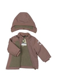 Veste extérieure rose avec capuche, dotée d'une doublure intérieure douce, de poignets côtelés et d'une fermeture éclair. Comprend de gros boutons sur le bord de la capuche.