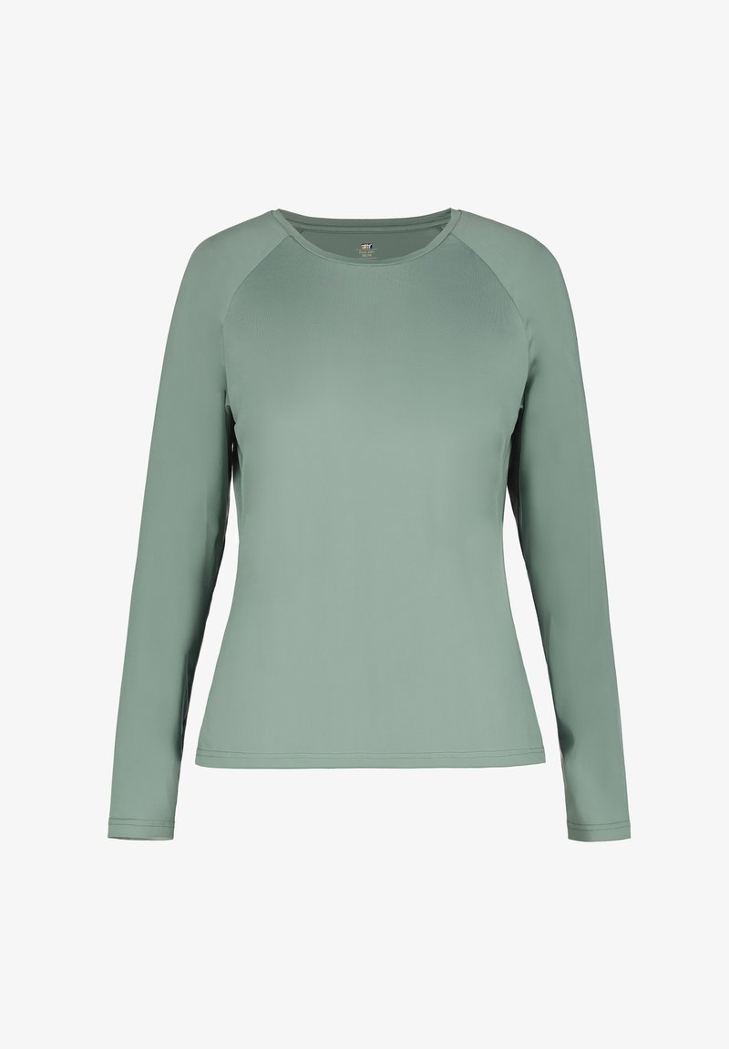 Langärmliges Shirt aus weichem, sanftem grünen Stoff. Verfügt über Raglanärmel, einen runden Ausschnitt und nahtlose Nähte für ein glattes Erscheinungsbild.