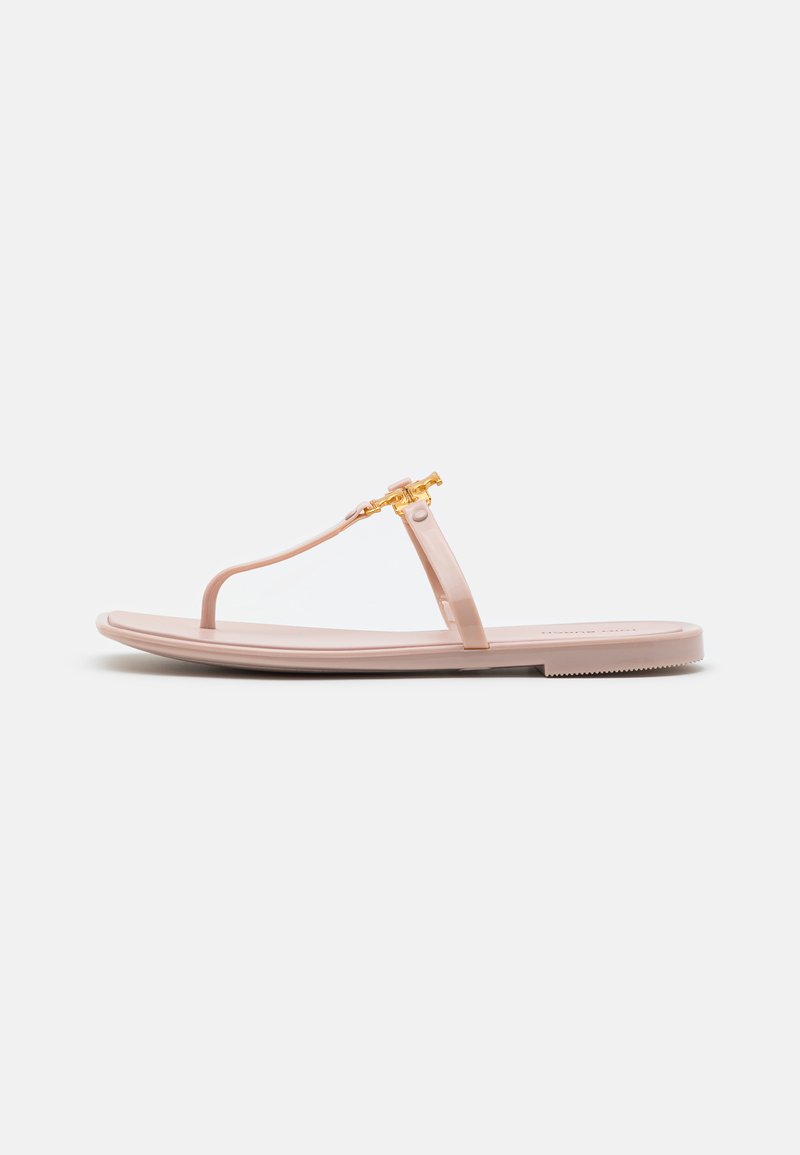 Pink plastic flip-flop sandals featuring a slim strap and gold-tone decorative hardware, flat sole with a textured grip.