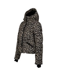 Giacca puffer con stampa leopardata, cappuccio, zip frontale, tasche laterali con zip e polsini interni neri.