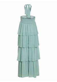 Robe longue maxi vert clair à étages avec lien de cou en tour de cou et taille froncée, comprenant des panneaux de tissu superposés et fluides.
