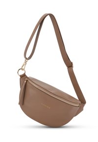 Geantă de umăr din piele maro, cu o formă curbată, fermoar auriu și detalii cu ciucure. Curea ajustabilă, cu accente din metal auriu.