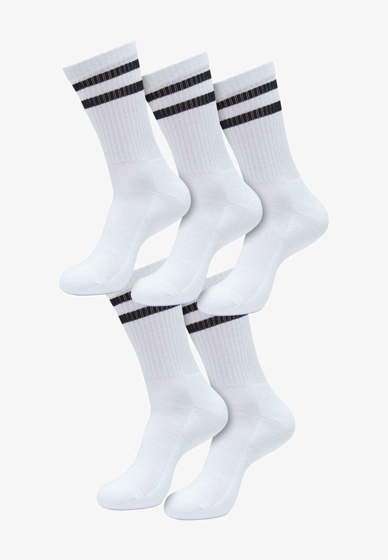Hvide bomuldsstrømper med to sorte vandrette striber øverst. Har ribbet tekstur og forstærket hæl og tå.