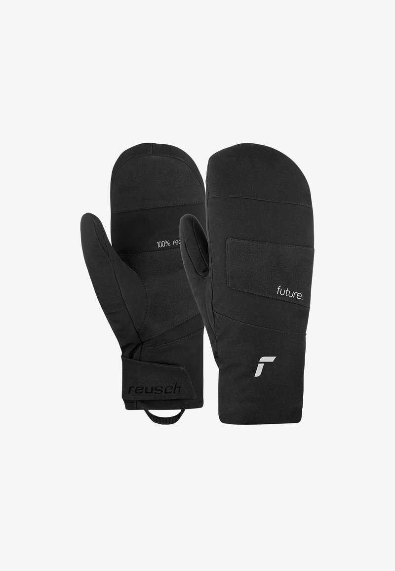 Schwarze isolierte Fäustlinge aus weichem Stoff, mit einem Bündchen mit Etikett, dezentem Branding und einem eleganten Design für Wärme und Komfort.