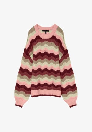 Maglione a maglia con un motivo ondulato nei colori rosa, rosso e crema, caratterizzato da una vestibilità ampia e polsini e orlo a costine. Materiale morbido e testurizzato.