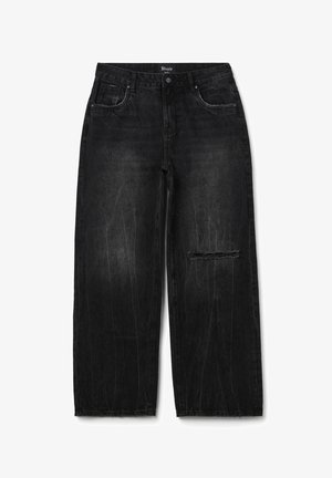 Zwarte denim wijde jeans met een versleten knie. Voorzien van een ritssluiting, vijf zakken en subtiele vervagingspatronen door de stof.