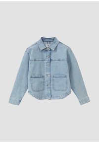 Hellblaue Denimjacke mit kragen, vorderem Knopfverschluss, zwei großen vorderen Taschen und abgerundetem Saum. Weicher Stoff, lässiges Design.