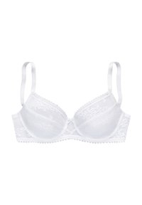 Balta nėriniuota liemenėlė su paminkštintomis puodeliais, reguliuojamomis petnešėlėmis ir dekoratyviais banguotais kraštais; turi lygų, tekstūrinį paviršių.