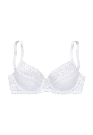 White lace bra with padded cups, adjustable straps, and decorative scalloped edges; features a smooth, textured finish.