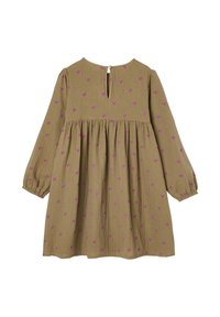 Olivenfarbenes Kleid mit langen Ärmeln, einem Schlüsselringverschluss am Rücken und lila Herzmustern. Geraffte Taille mit einem fließenden Rock.